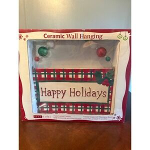 Real Home Ceramic Happy Holidays Wall Hanging Plaid Christmas Decor 16"